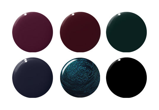 dark polish swatches of blues, greens, reds